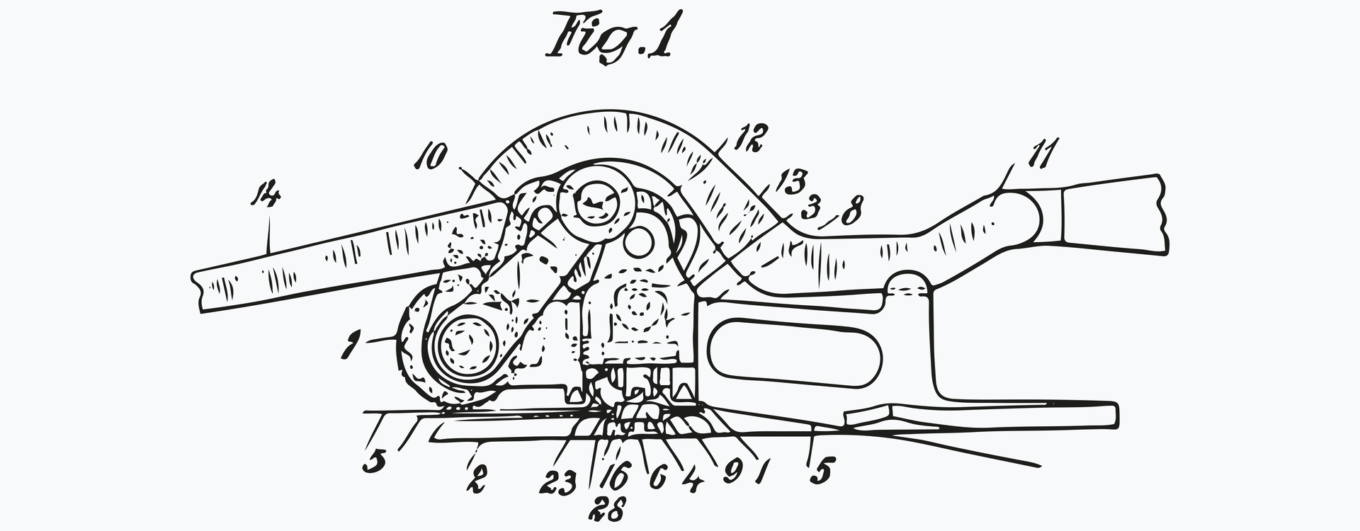 Technical drawing of a mechanical system - The components are numbered and depicted in detail, indicating a detailed engineering view