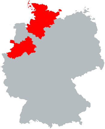 Deutschlandkarte mit roter Kennzeichnung in Teilen Nordrhein-Westfalens, Niedersachsens und in Schleswig-Holstein -  Zuständigkeit liegt bei Hr. Kolling