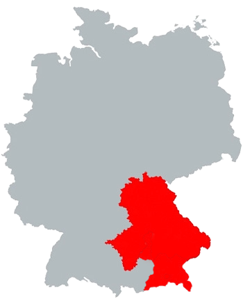 Deutschlandkarte mit roter Kennzeichnung in der Region von Bayern -  Zuständigkeit liegt bei Hr. Perl