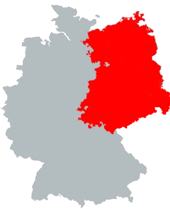 Deutschlandkarte mit roter Kennzeichnung in der Region von Mecklenburg-Vorpommern, Brandenburg, Berlin und Sachsen -  Zuständigkeit liegt bei Firma Handelspartner