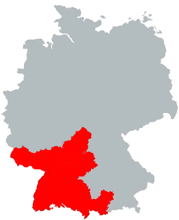 Deutschlandkarte mit roter Kennzeichnung in der Region von Baden-Württemberg -  Zuständigkeit liegt bei Hr. Dirks
