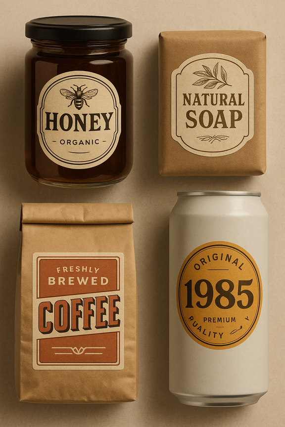 Four products with sample label designs in vintage and retro style, featuring classic colors and nostalgic design elements