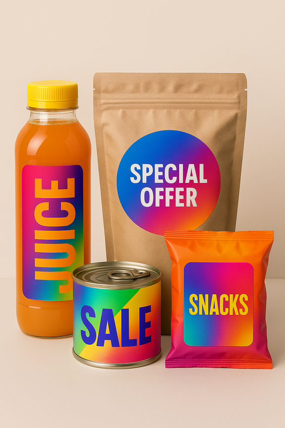 Four products with colorful labels in bright colors and dynamic color gradients, trendy design to promote sales on the shelf