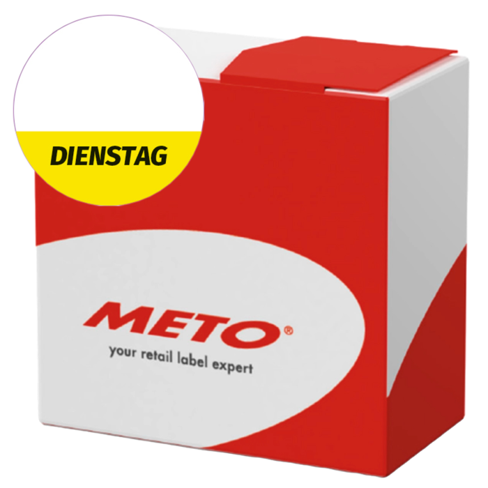 Étiquette lavable « Dienstag » pour usage quotidien, jaune, ronde, 26 mm de diamètre, 1 000 étiquettes par boîte de Distributeur