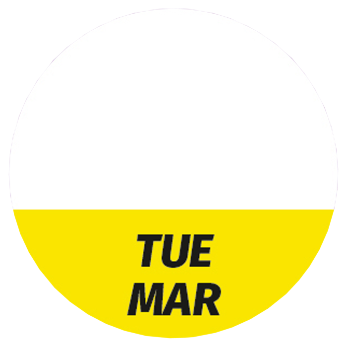 Étiquette lavable pour usage quotidien « Tue/Mar » de couleur jaune, ronde, 26 mm de diamètre, 1 000 étiquettes par boîte de Distributeur