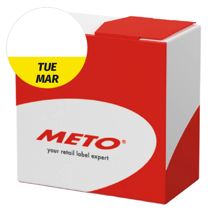 Étiquette lavable pour usage quotidien « Tue/Mar » de couleur jaune, ronde, 26 mm de diamètre, 1 000 étiquettes par boîte de Distributeur