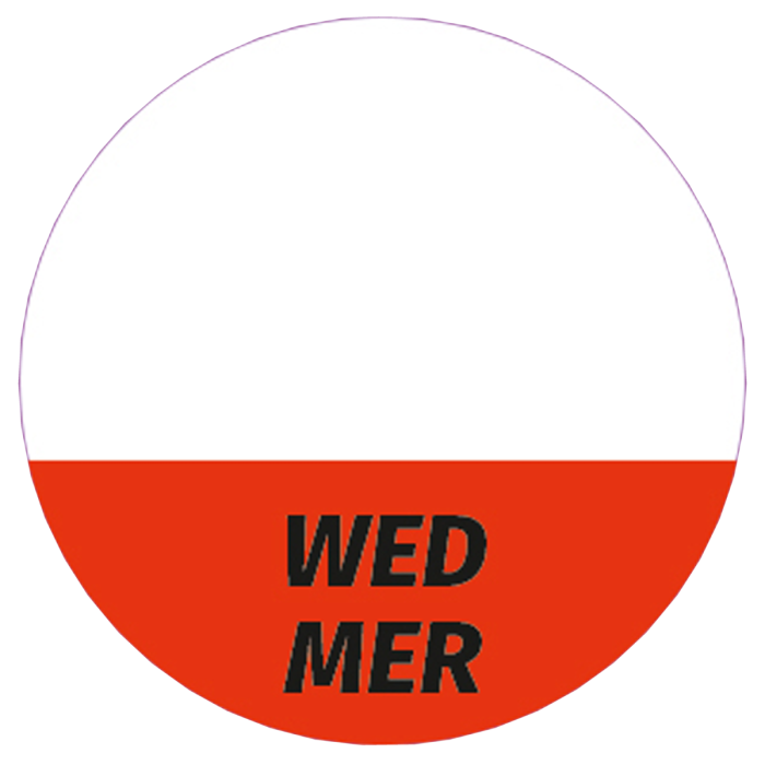 Étiquettes lavables « Wed/Mer » pour usage quotidien, de couleur rouge, rondes de 26 mm, 1 000 étiquettes par boîte de Distributeur
